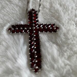 Red Vermelho garnet (TM) Rhodium over Sterling Silver Cross Pendant 18” chain NW